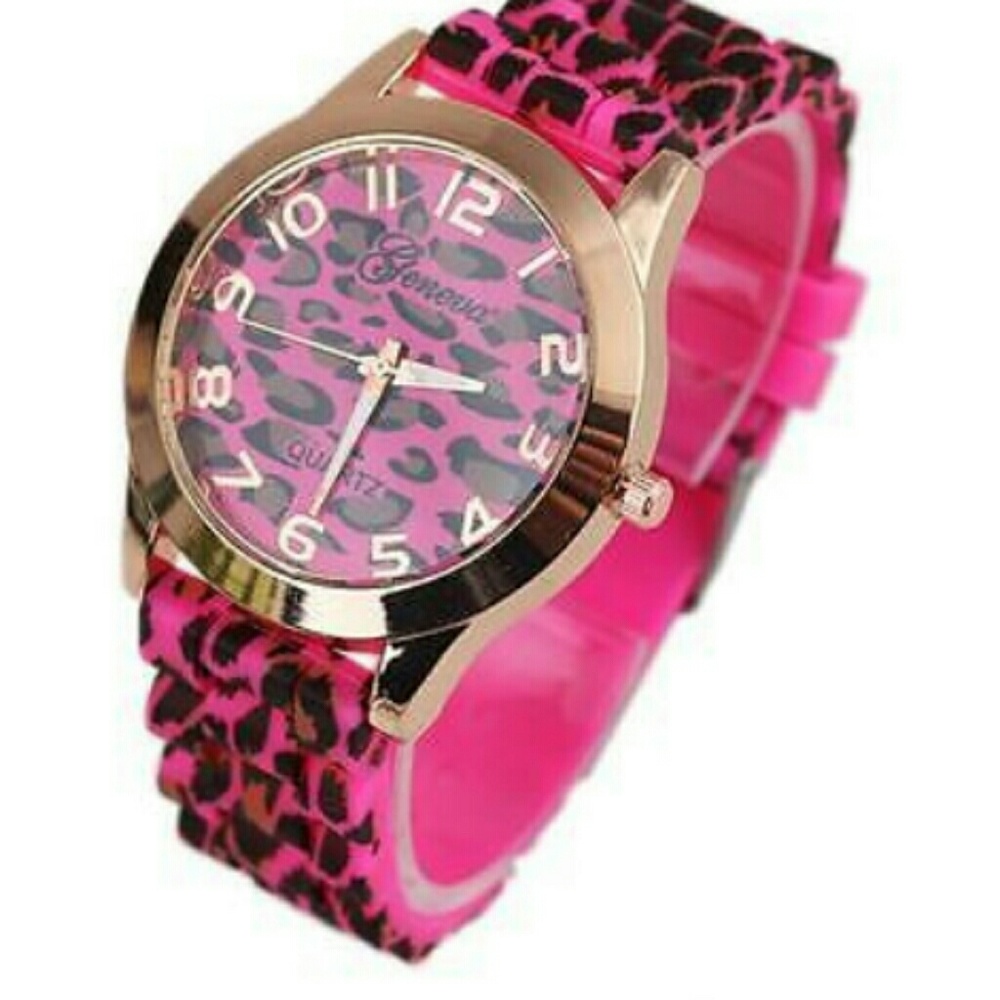 Hot Pink Geneva Leopard Design Silicone Watch